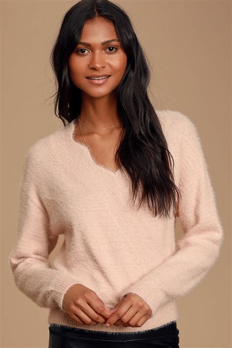 Blush Pink Sweater Cozy Knit Top Surplice Neckline Sweater Lulus