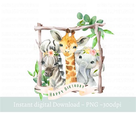 Baby Safari Animals In Wooden Frame Png Watercolor Baby Etsy Denmark