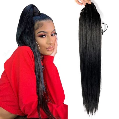 30inch Long Ponytail Extension Straight Yaki Drawstring High Ponytail