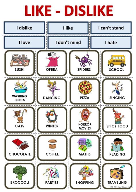 Like Dislike Cards Vocabulary Flas English Esl Worksheets Pdf And Doc