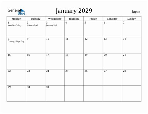 January 2029 Monthly Calendar With Japan Holidays