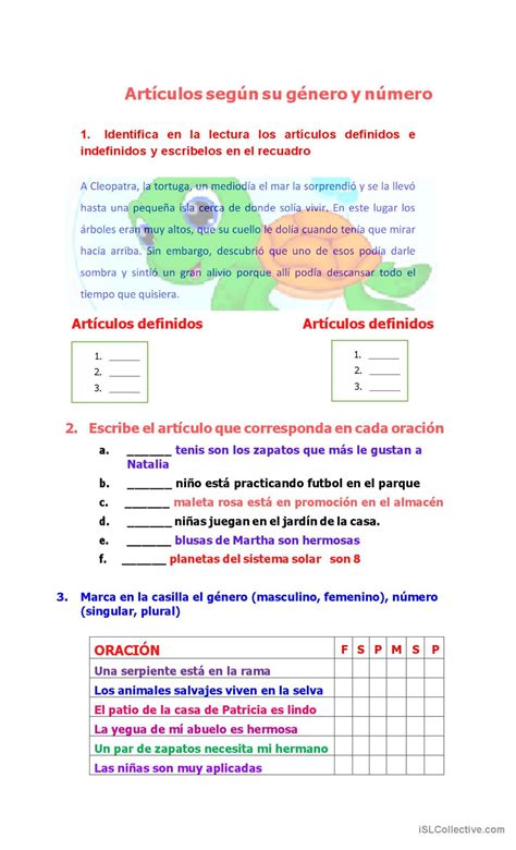 Artículos Género Y Número Español Ele Hojas De Trabajo Pdf And Doc