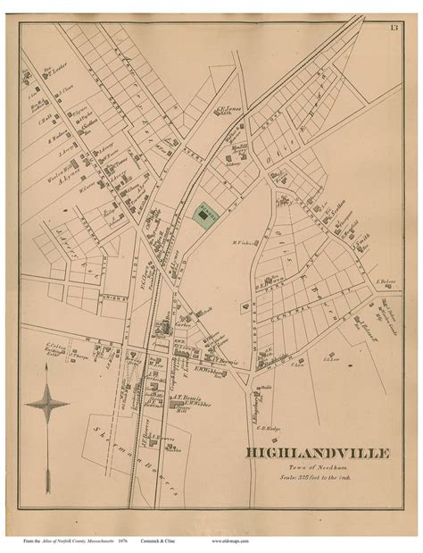 Highlandville Needham Massachusetts 1876 Old Town Map Reprint