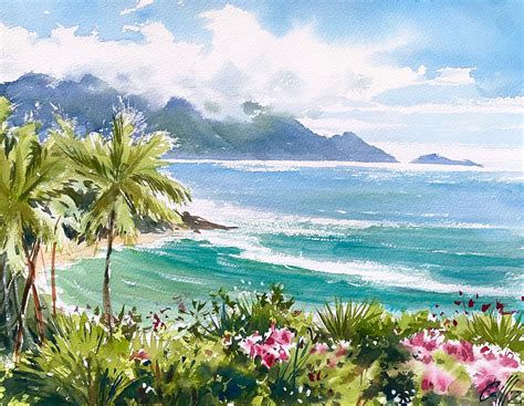Hawaii Painting Tropical Landscape Original Watercolor Palm Etsy