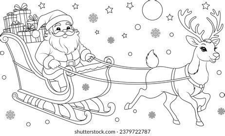 Coloring Page Reindeer Pulling Santas Sleigh Stock Vector (Royalty Free