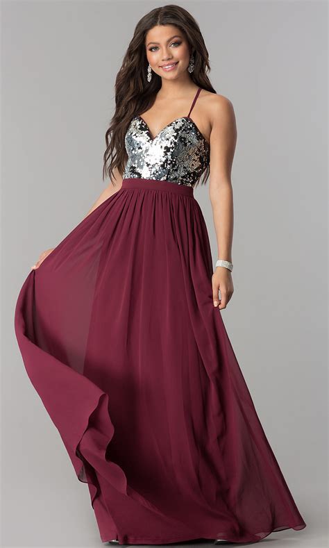 Burgundy Long Formal Prom Dress With Silver Sequins