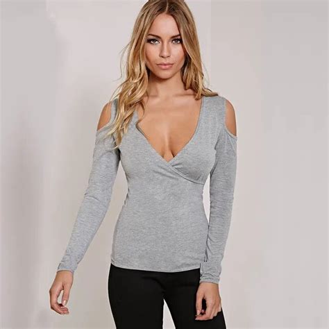 sss classics female deep v neck low cut long sleeves stretch tight t shirts ladys off shoulder