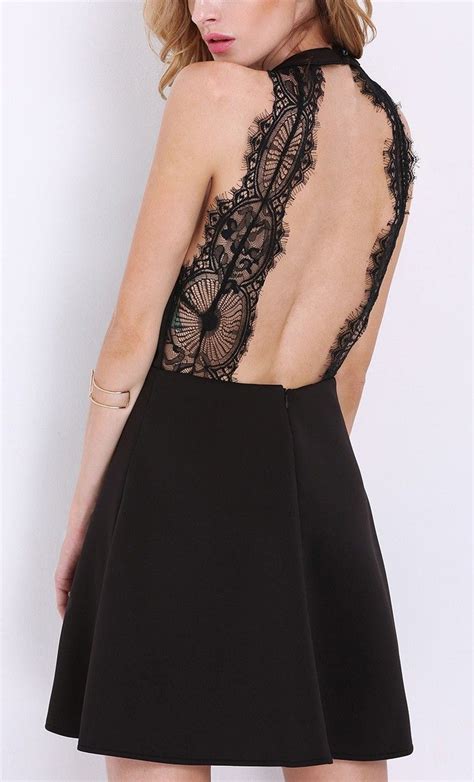 Black Halter Contrast Scallop Lace Backless Dressexclude Belt Shein