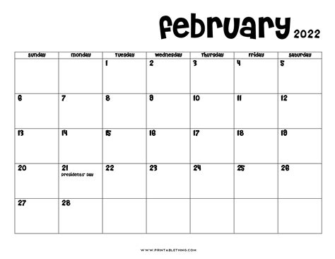 20 February 2022 Calendar Printable Pdf Us Holidays Blank Free