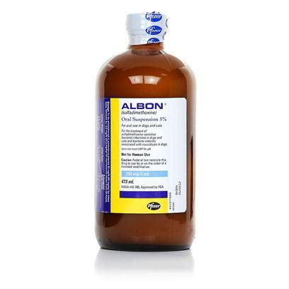 Albon tablets or suspension is used to treat bacterial infections in dogs and cats, and enteritis associated with coccidiosis in dogs. Albon Liquid 5% - Cat Antibiotics | PetCareRx