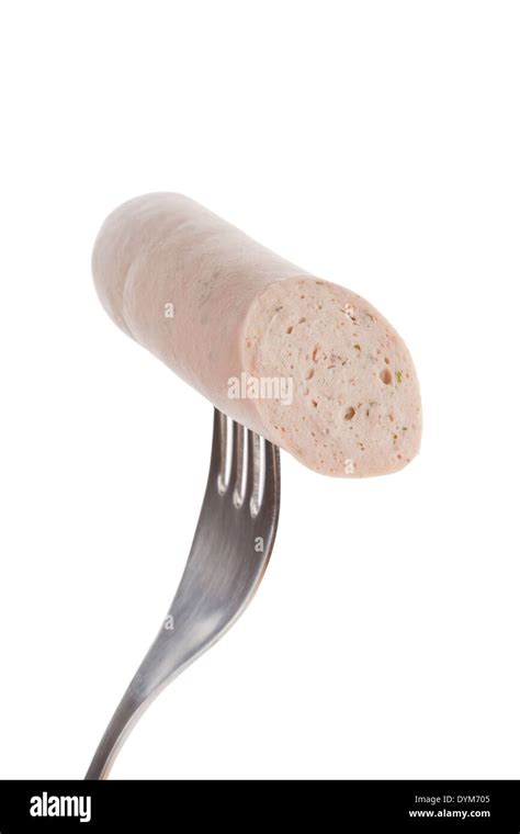 White Bratwurst Sausage On Fork Isolated On White Background Bbq