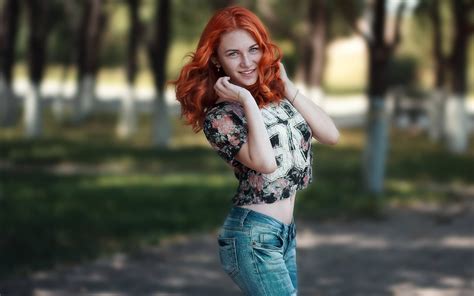 Redhead Jeans Smiling Model Women Outdoors Pierced Navel Women