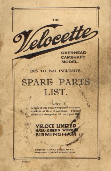 Velocette Spare Parts List Overhead Camshaft Model 1925 To 1931