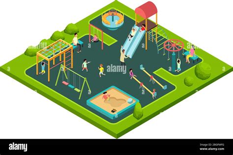 Children Playing With Parents On Kids Playground With Game Equipment