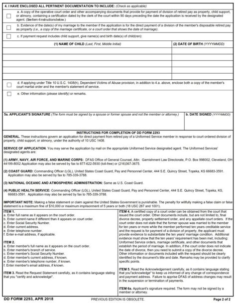 Dd Form 2293 Application For Former Spouse Payments From Retired Pay