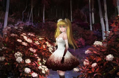 Wallpaper Forest Blonde Flowers Long Hair Anime Girls Green Eyes Dress Cleavage Spring