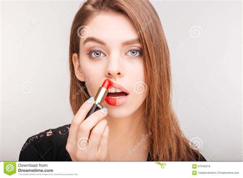 Beauty Portrait Of Pretty Woman Doing Makeup With Red Lipstick Stock Image Image Of Lips Face