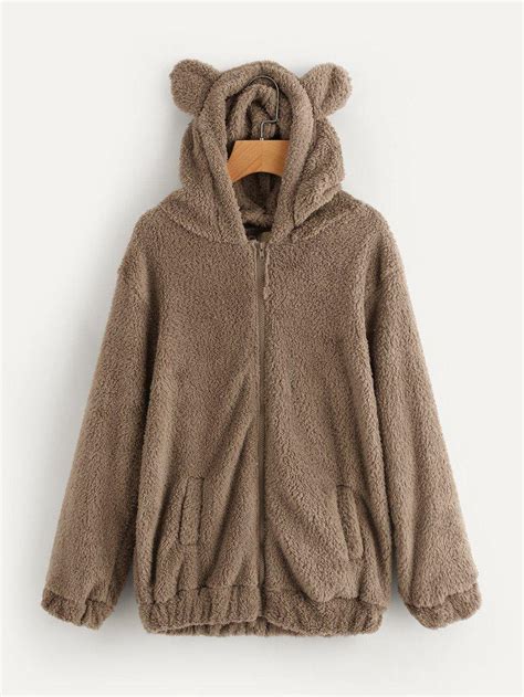 Bear Hooded Furry Coat In Brown Zaful 2023