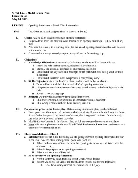 Opening Statements Mock Trial Preparation Lesson Plan For 9th 12th