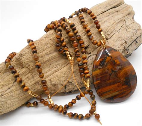 Hand Knotted Long Tigers Eye Necklace Boho Bohemian Long Necklace