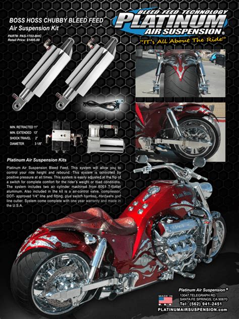Most air ride systems incorporate valves, air spring bags made from rubber, and airlines that use air reservoir and air compressor mechanism to offer suspension. Boss Hoss Gallery - Platinum Air Suspension - It's Alll ...