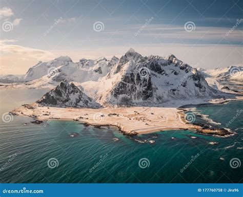 Aerial Drone Panorama View Over Flakstad Beautiful Mountains In Winter