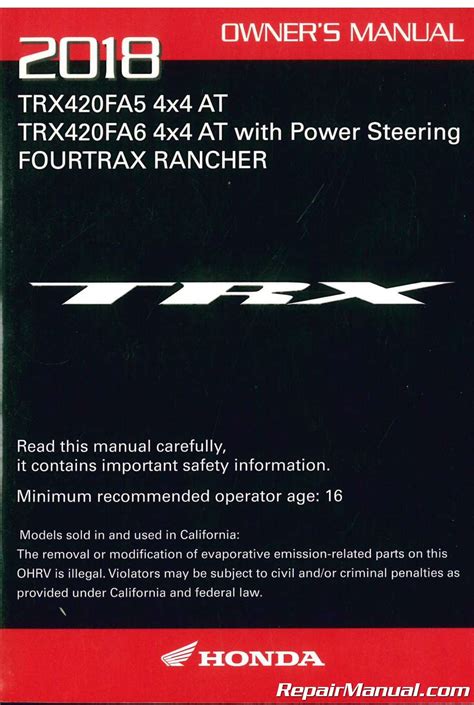 2018 Honda Trx420fa5 Fa6 A Ce Atv Owners Manual