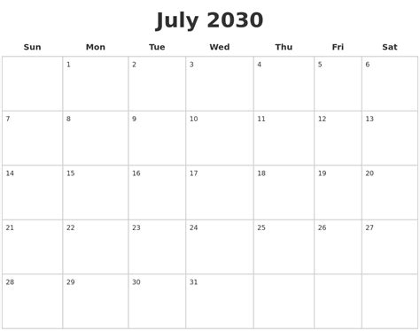 July 2030 Blank Calendar Pages