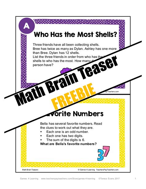 Math Task Cards Math Problems And Math Brain Teasers Freebie Math