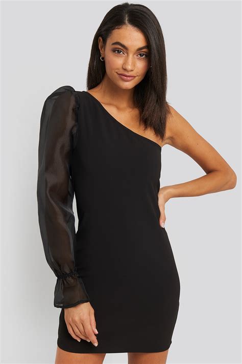 One Sleeve Puff Shoulder Dress Black Na