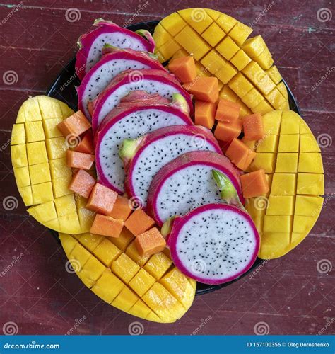 Tropical Fruits Assortment On A Plate Close Up Stock Photo Image Of