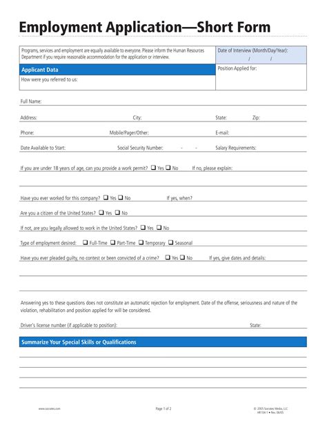 Work Application Forms Printable Printable Forms Free Online