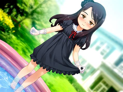 Safebooru 1girl Barefoot Black Dress Black Hair Dress Dutch Angle Long Hair Looking At Viewer