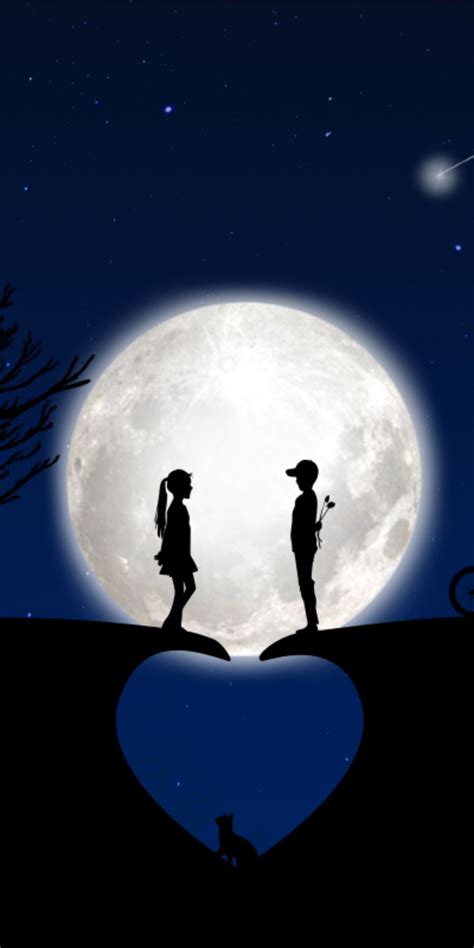 Heart Moon Couple Silhouette Art 1080x2160 Wallpaper