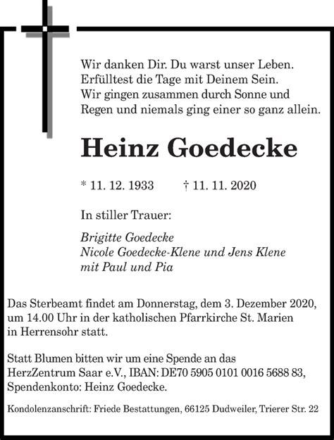 Traueranzeigen Von Heinz Goedecke Saarbruecker Zeitungtrauerde