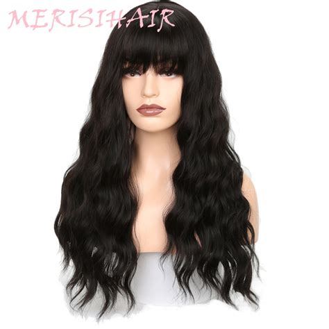 Merisi Hair Synthetic 26 Long Grey Brown Womens Wigs With Bangs Wavy