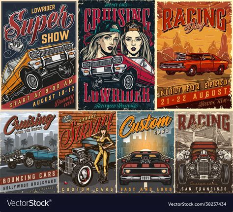 Custom Cars Vintage Colorful Posters Royalty Free Vector
