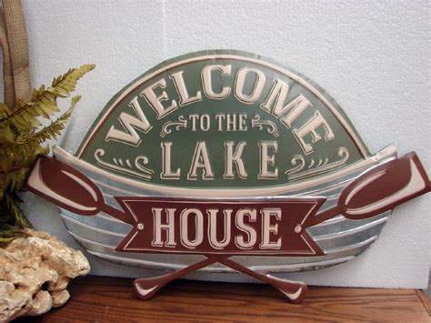 Rustic Metal Tin Embossed Welcome To The Lake House Canoe Paddle Cabin