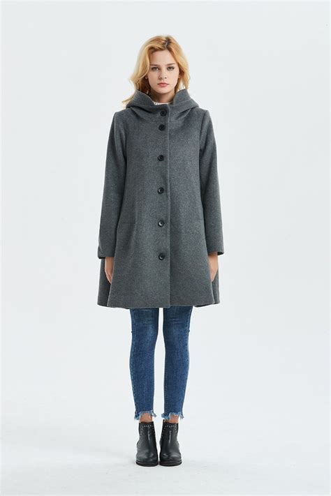Hooded Wool Coat Swing Wool Coat In Gray Winter Coat Women Etsy Uk