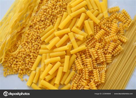 Different Types Pasta Pasta Products Made Flour Water — Stock Photo