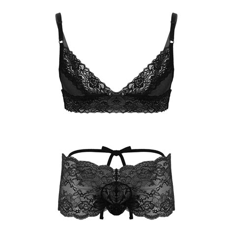 Mens Sissy Crossdresser Floral Lace Trim Lingerie Set Wire Free Unlined Bra Tops With See