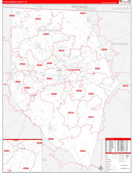 Spartanburg County Sc Zip Code Wall Map Red Line Style By Marketmaps