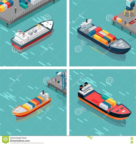 Set Of Cargo Or Container Ship Unloading Goods Stock Vector
