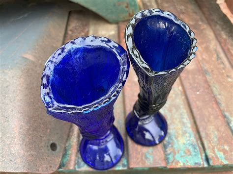 Pair Cobalt Blue Glass Hand Vases Petite Size Reproduction Victorian