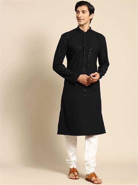 Black Sequin Embellished Chikankari Kurta For Men Online India Color