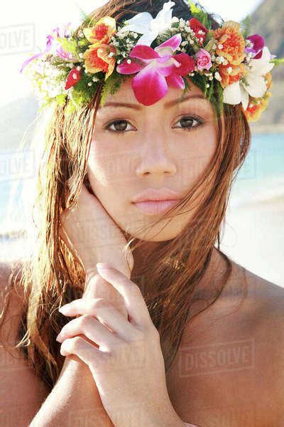 Hawaii Oahu Headshot Of Beautiful Pacific Island Woman Wearing Haku