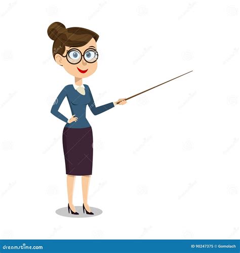 Vector Cartoon Smiling Female Teacher With Pointer On Lesson At