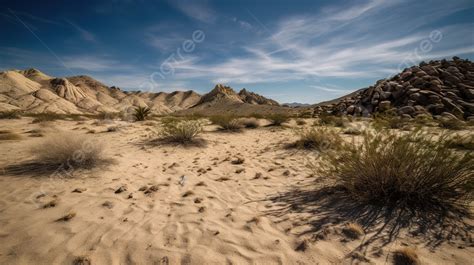 Photo Of A Sandy Desert With Rocks And Mountains Background Picture Of