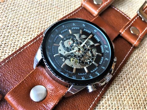 Skeleton Leather Watch Steampunk Watch Cuff Men's watch | Etsy | Leather watch, Leather watch 