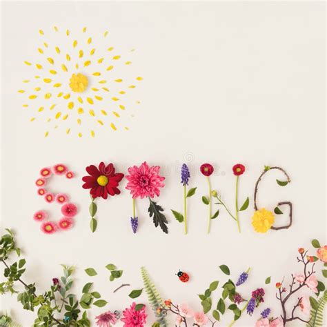 Word Spring Made Of Colorful Flowers On A Bright Background Stock